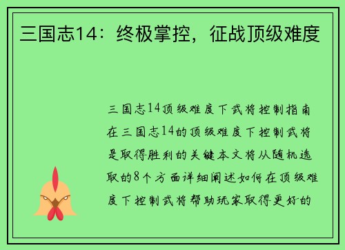 三国志14：终极掌控，征战顶级难度